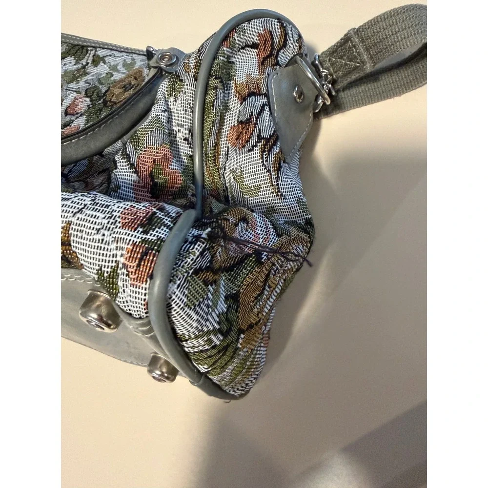 American Flyer Floral Tapestry Satchel Bag Grey Vintage Style Crossbody Travel‎